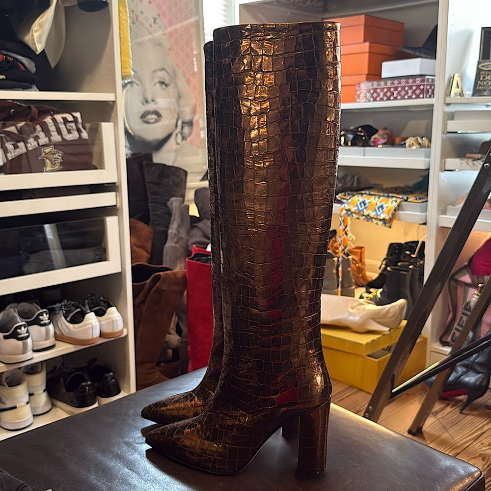 Unworn Paris Texas Embossed Leather Knee-High Boots in Metallic Bronze Size 38